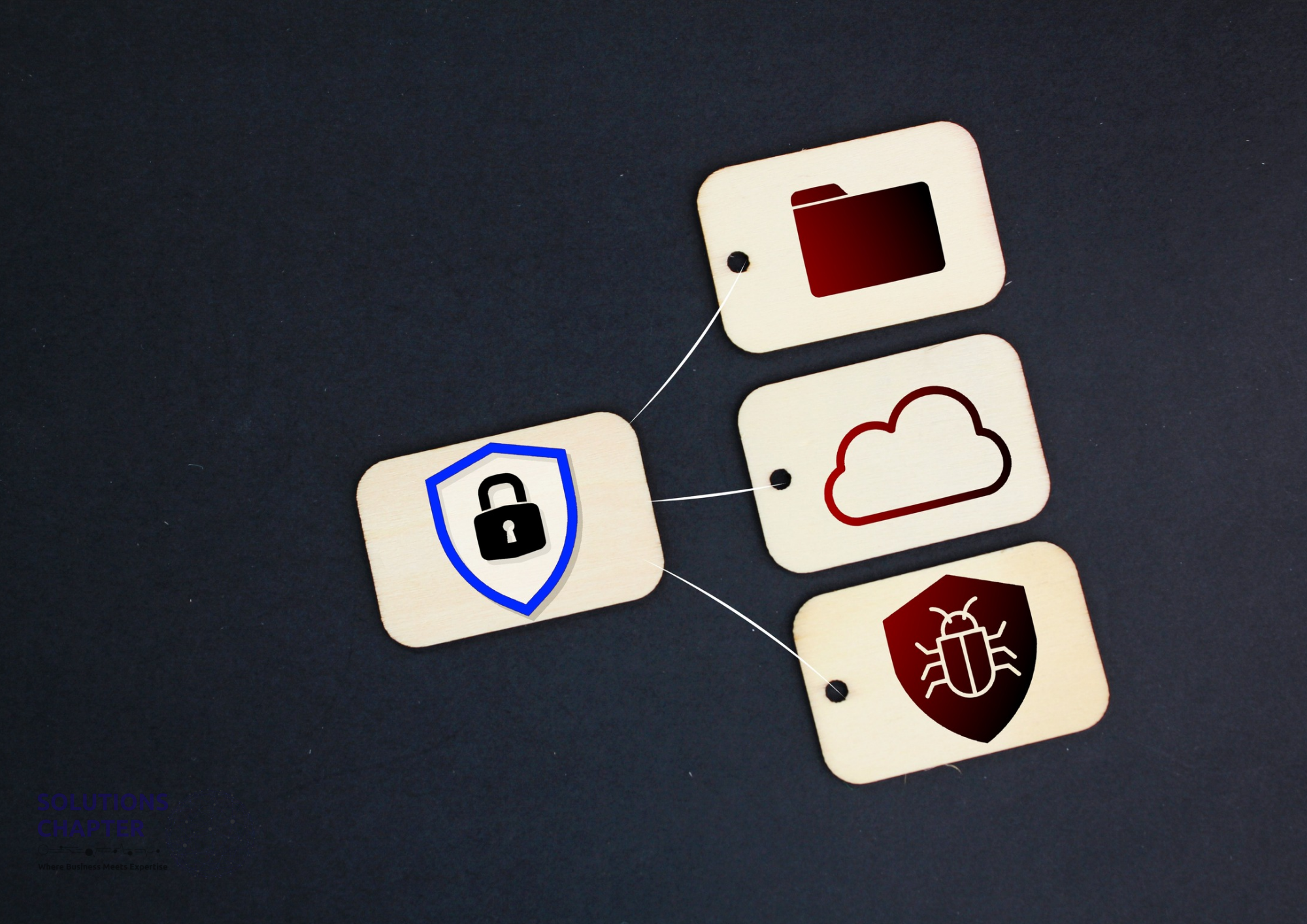 Connected icons representing cybersecurity, including a lock shield, cloud storage, file folder, and malware symbol, illustrating secure data management and protection in a digital business environment.