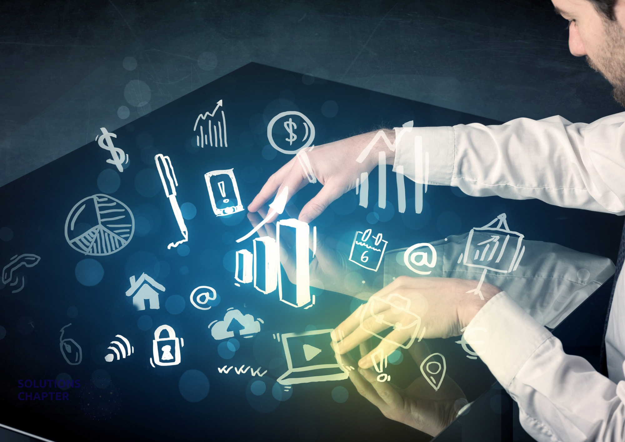 A professional interacting with a digital interface displaying business analytics, growth charts, financial icons, and cloud-based tools, representing an all-in-one business platform for data-driven decision-making.