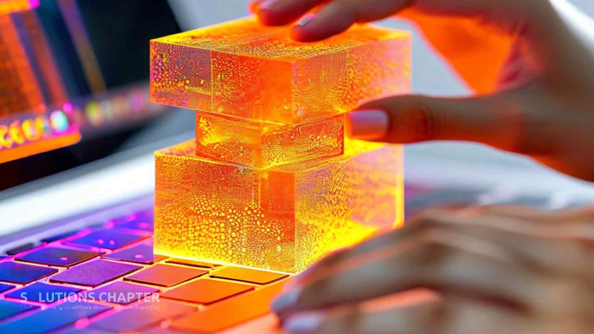 A 3D model of a large orange base with a small multi-colored top piece, symbolizing building on AWS while adding Google Cloud features.