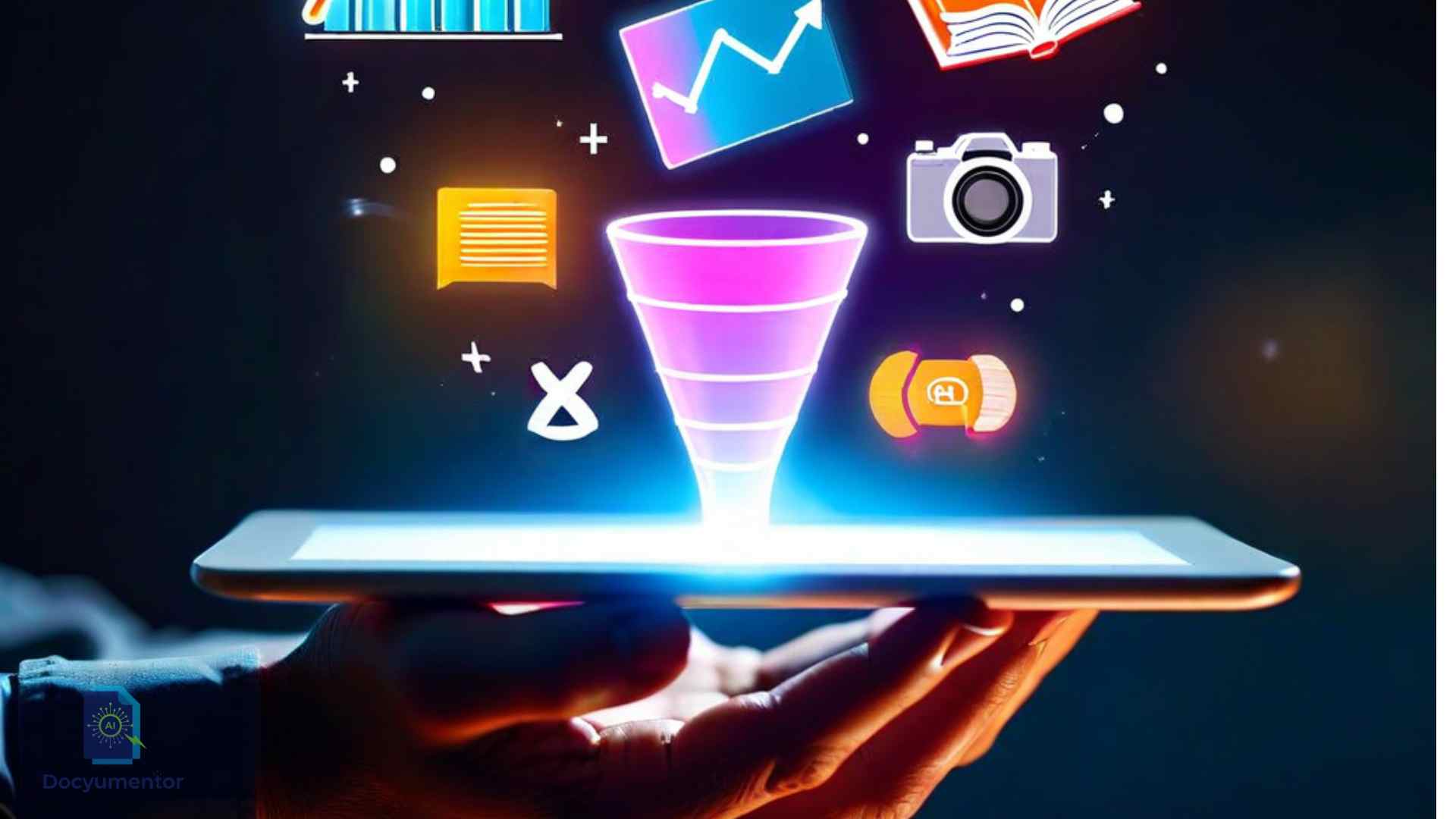 A glowing digital funnel concept receiving glowing symbols for text, numbers, and images, representing data as the fuel for an AI machine.