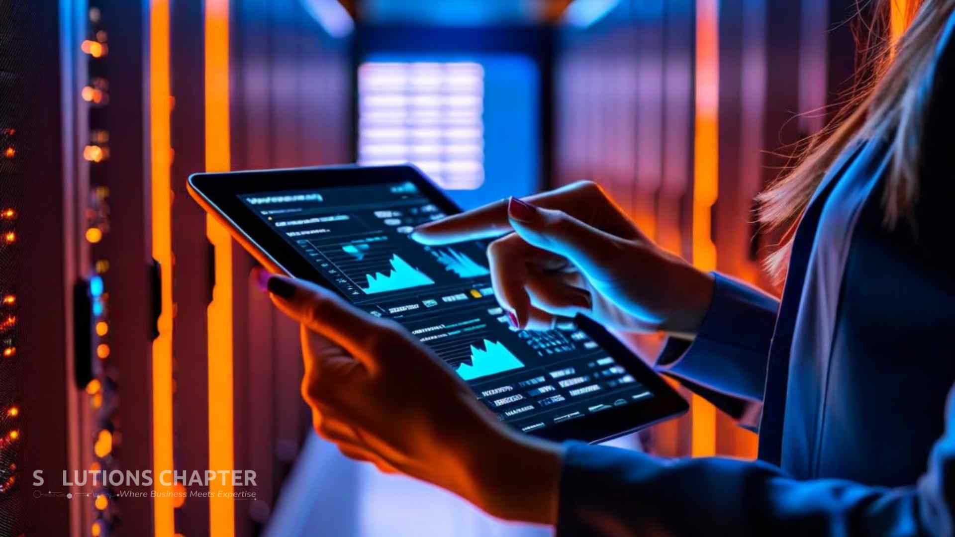 A person using a tablet dashboard to manage two different colored cloud servers at once.