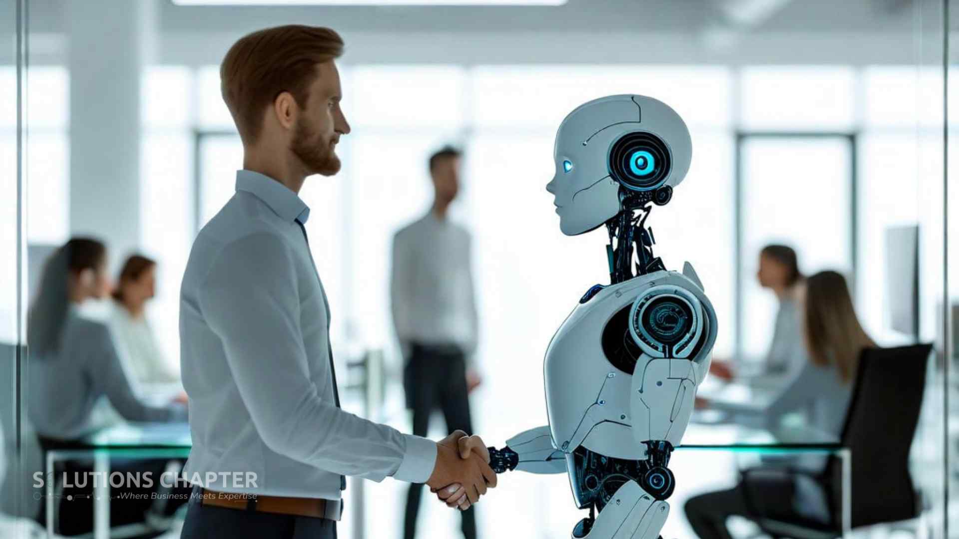 A human professional shaking hands with a translucent digital AI agent in a modern office, symbolizing the long-term value and partnership of an autonomous agentic workforce.
