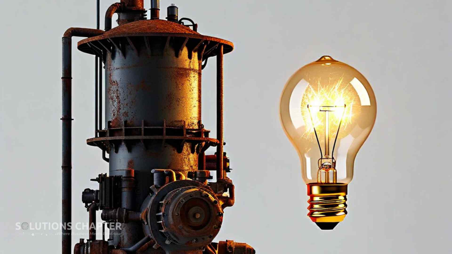 A conceptual image comparing a heavy, rusted industrial engine to a single glowing light bulb floating in white space, illustrating the shift from owning power plants to using serverless energy on demand.