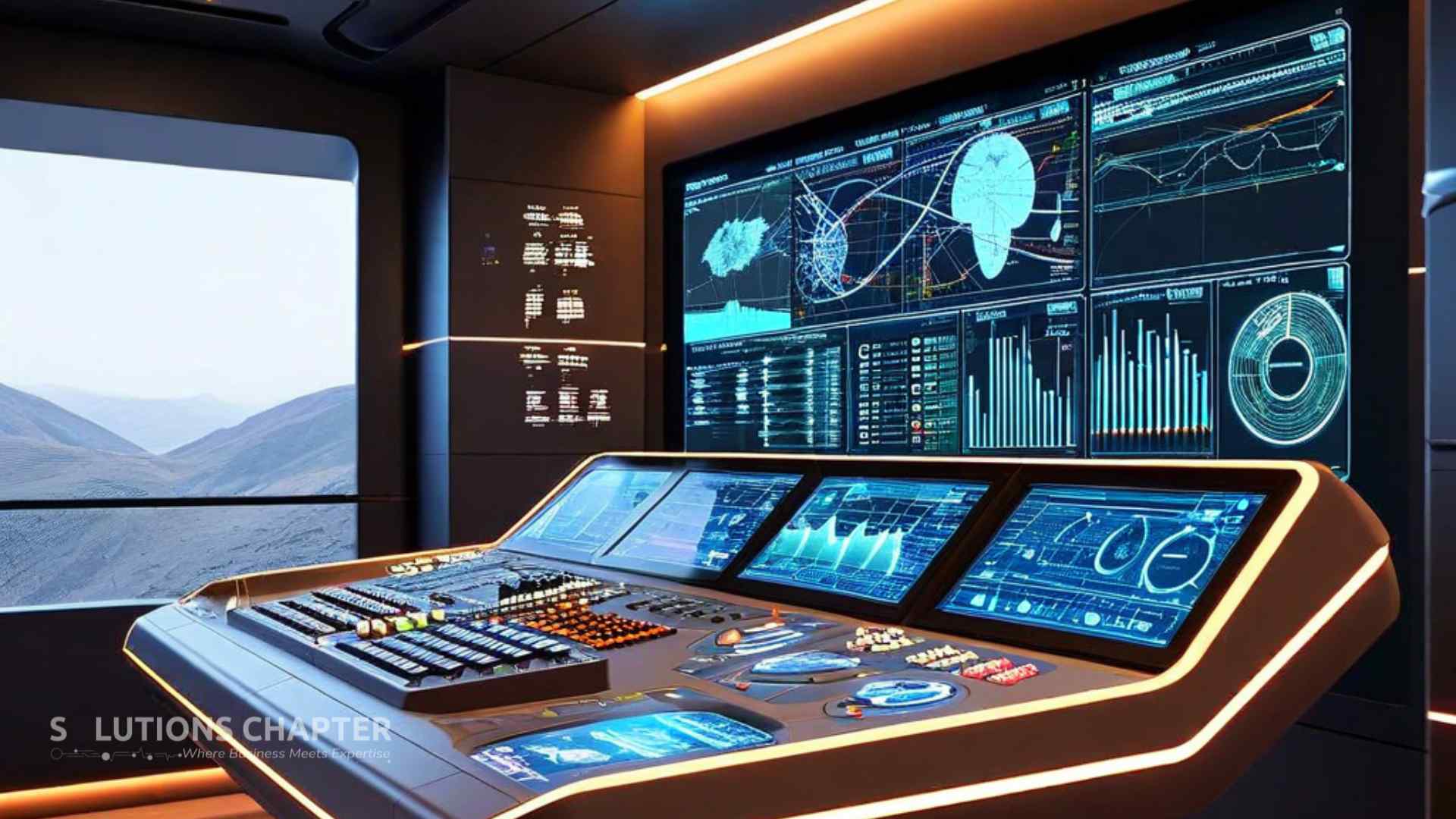 An isometric, futuristic command console where a single conductor hologram orchestrates four branching, luminous data streams, each feeding into a distinct, specialized automated production pod representing different AI applications.
