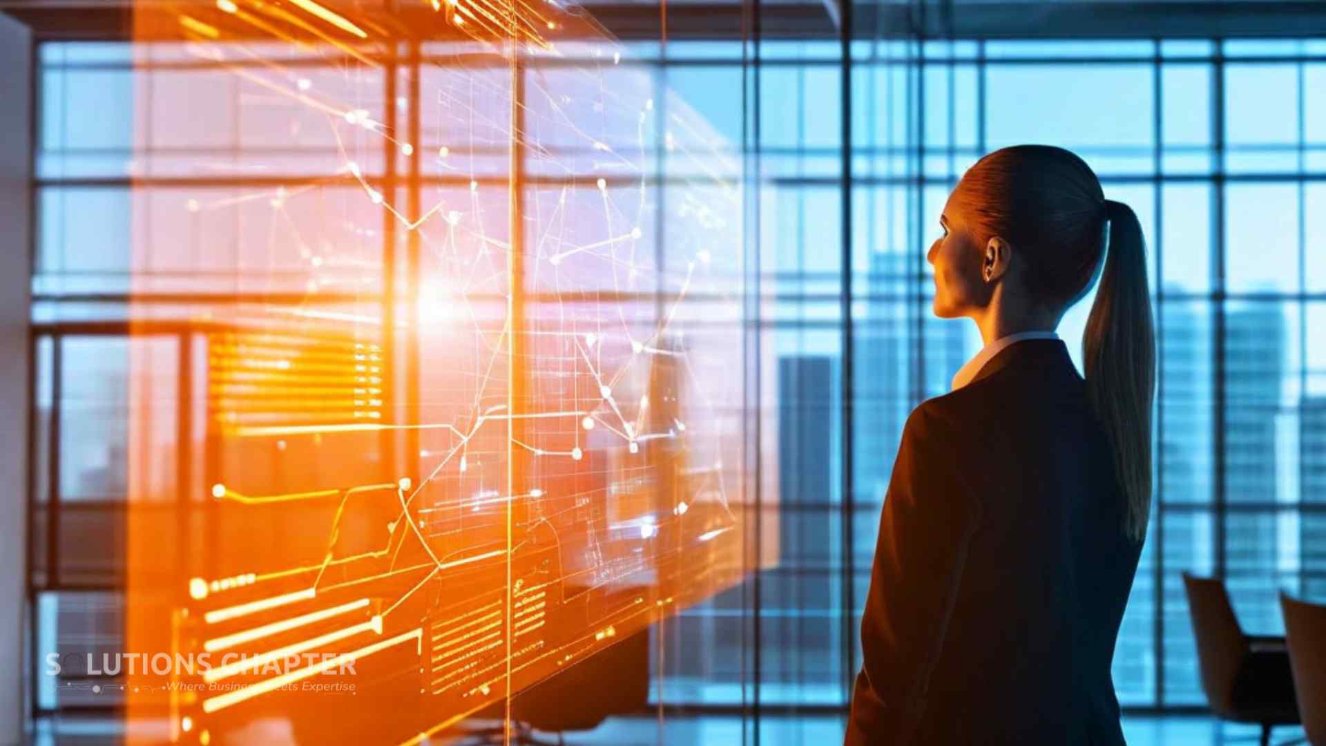 A professional viewing two different colored digital networks merging on a screen, representing a unified multi-cloud strategy.