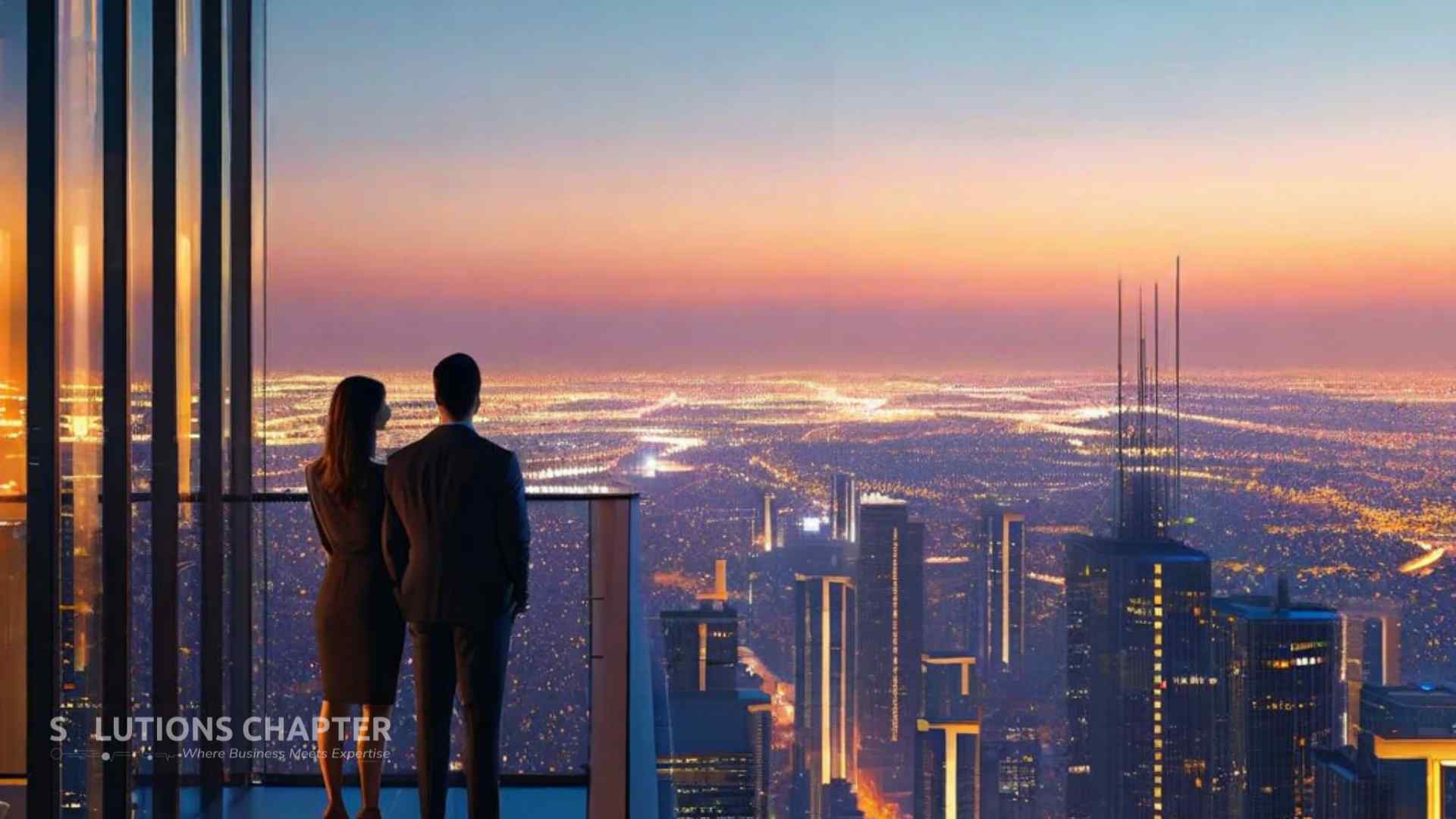 Two professional leaders looking past a foggy foreground toward a clear, glowing digital city on the horizon, symbolizing a long-term 