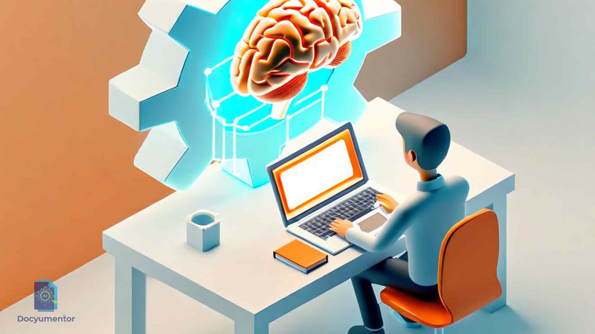 A simple digital blueprint style icon showing a human figure next to a laptop that is connecting to a glowing conceptual brain and gear.