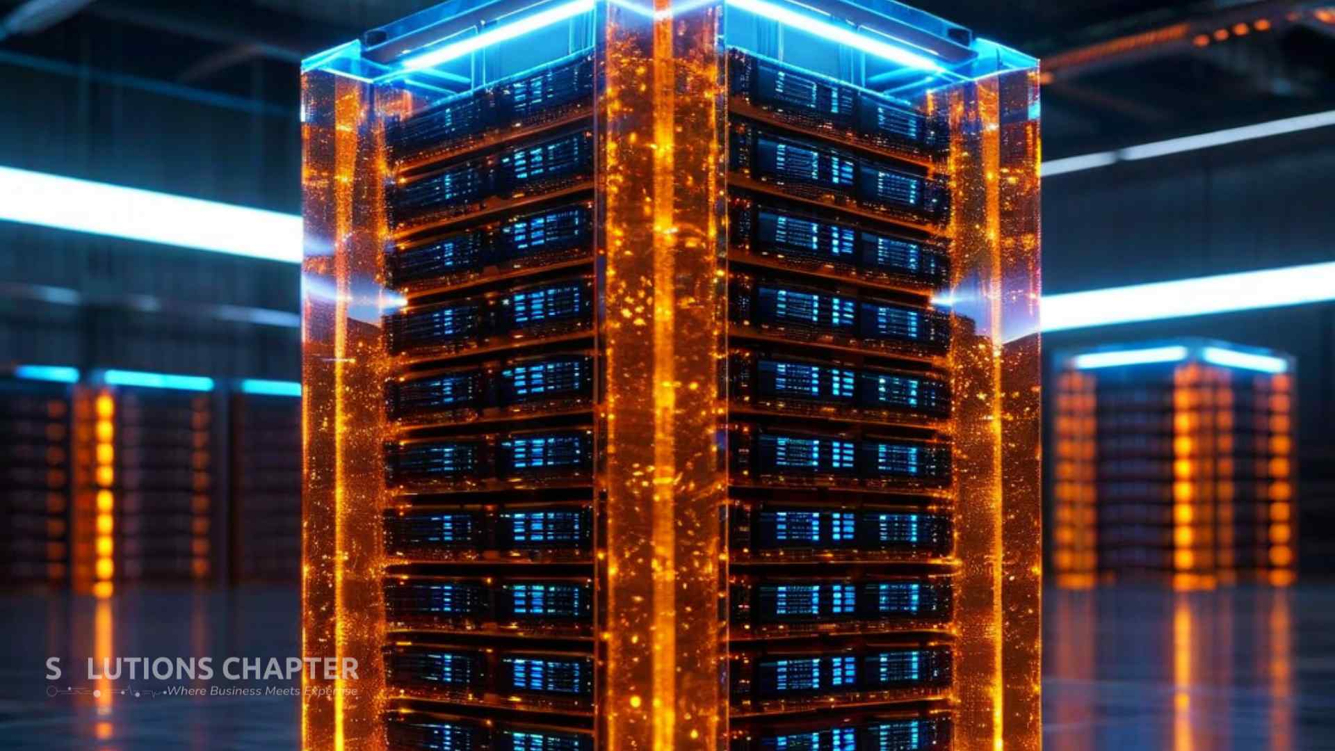 A massive, glowing crystalline foundation in amber tones representing a stable AWS infrastructure, supporting smaller, specialized blue AI modules to illustrate a secure multi-cloud strategy.