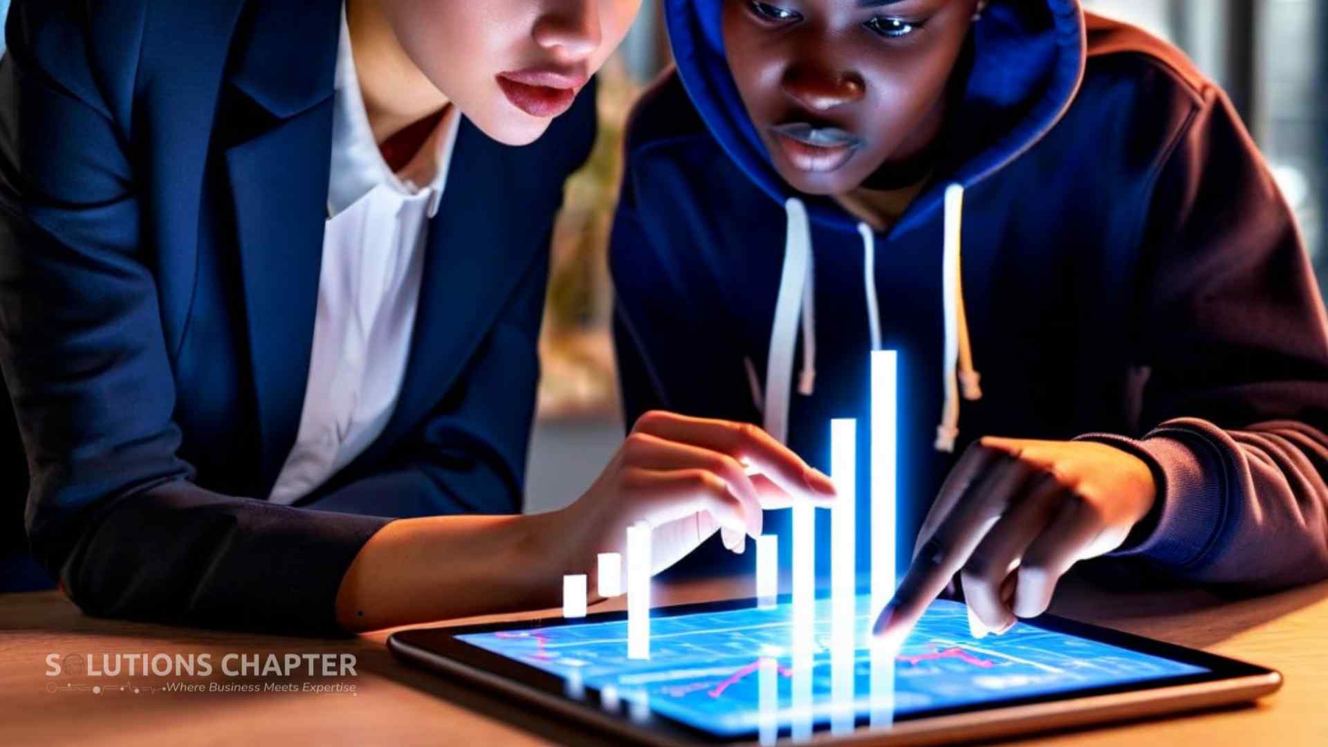 A corporate executive and a startup founder looking at the same glowing digital tablet together, symbolizing the unity between different business sizes.