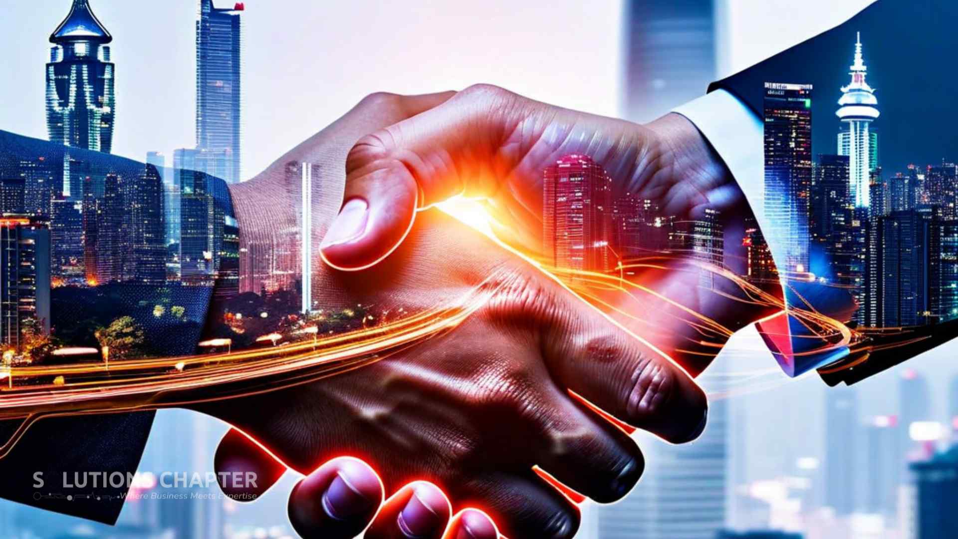 A symbolic double-exposure showing a handshake bridging the US and Philippine skylines with glowing data streams, representing the powerful partnership between Solutions Chapter Group and StraStan Solutions Corp.