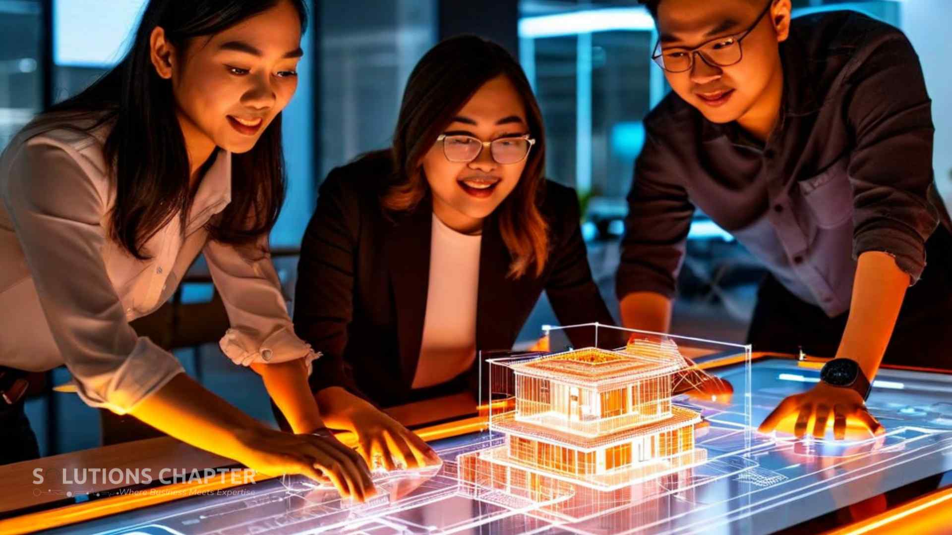 A diverse team of engineers collaborating over a 3D holographic blueprint of a serverless AWS foundation, representing the resilient construction of the Tour With Ease, Sosyal Genius, and IDP applications.