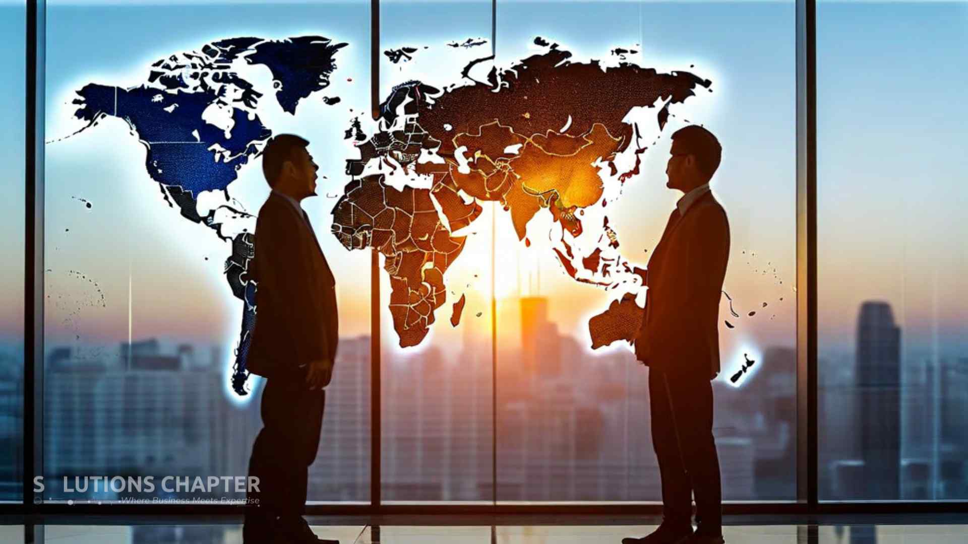Two business partners overlooking a global map with glowing connections between the US and the Philippines, representing the 