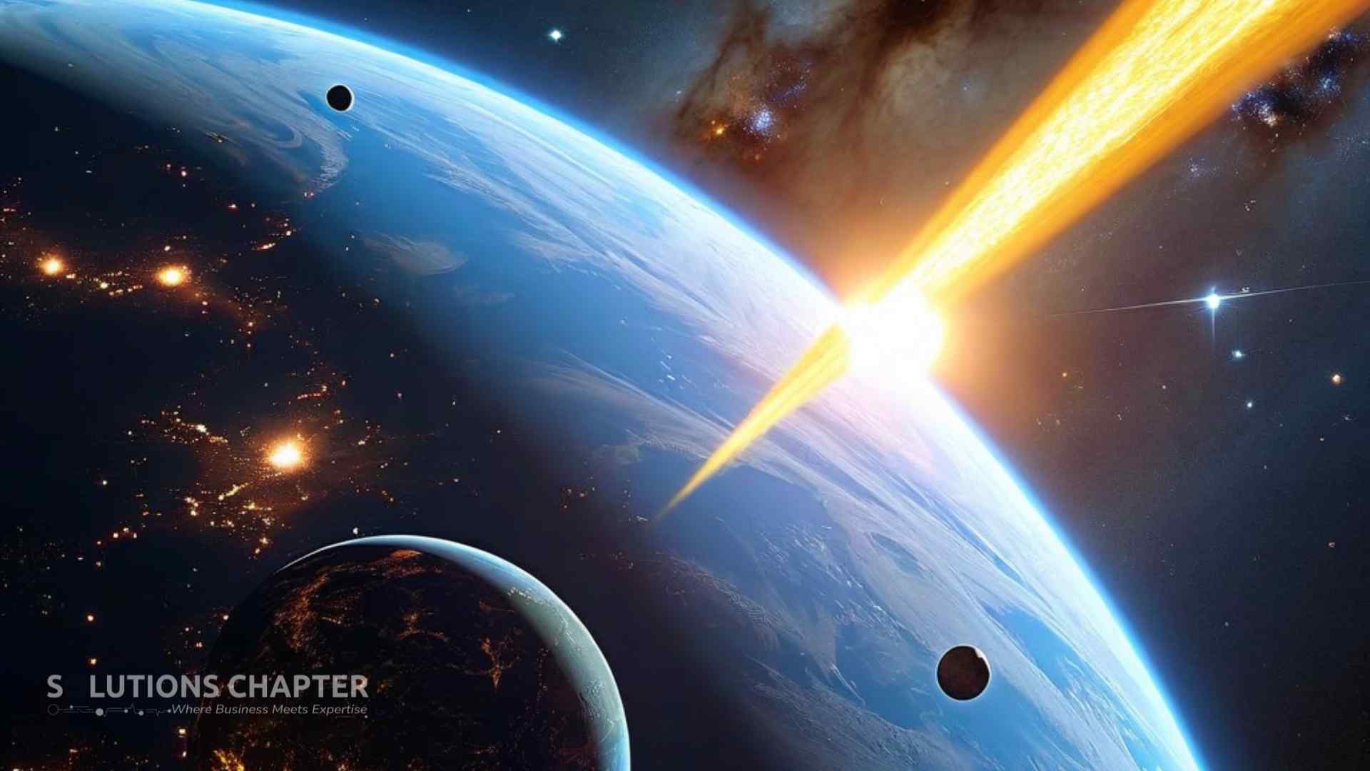 A cosmic digital artwork showing a satellite in orbit around a large blue planet reaching out with a golden light beam to a distant amber planet, symbolizing a strategic multi-cloud integration between AWS and GCP.