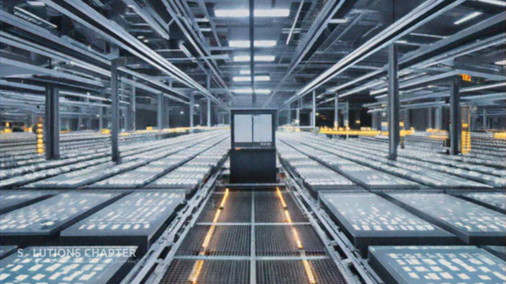 A wide-angle view of a vast, hyper-organized futuristic AI factory where thousands of identical, glowing data cubes move in a complex, perfectly synchronized rhythm on automated tracks, representing a disciplined MLOps lifecycle.