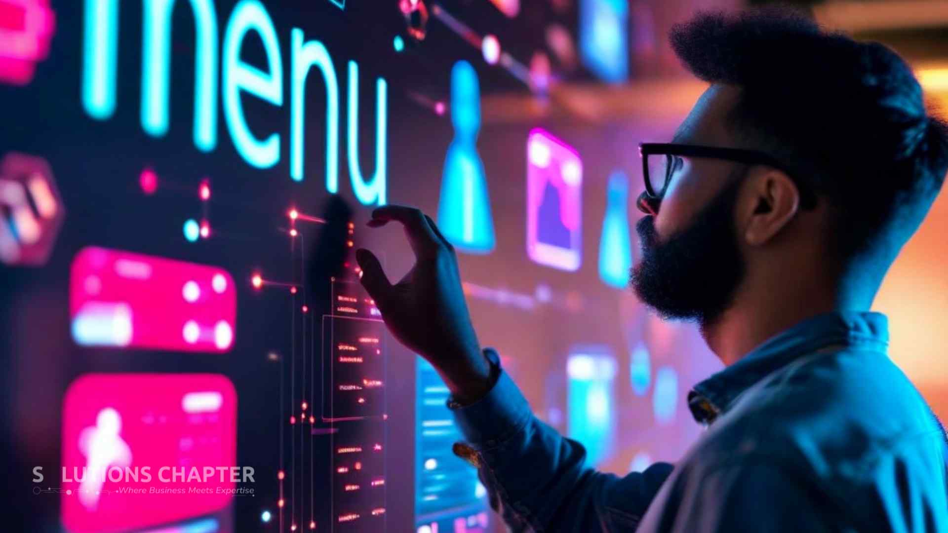 A designer choosing from a variety of AI model icons on a digital wall to create content.
