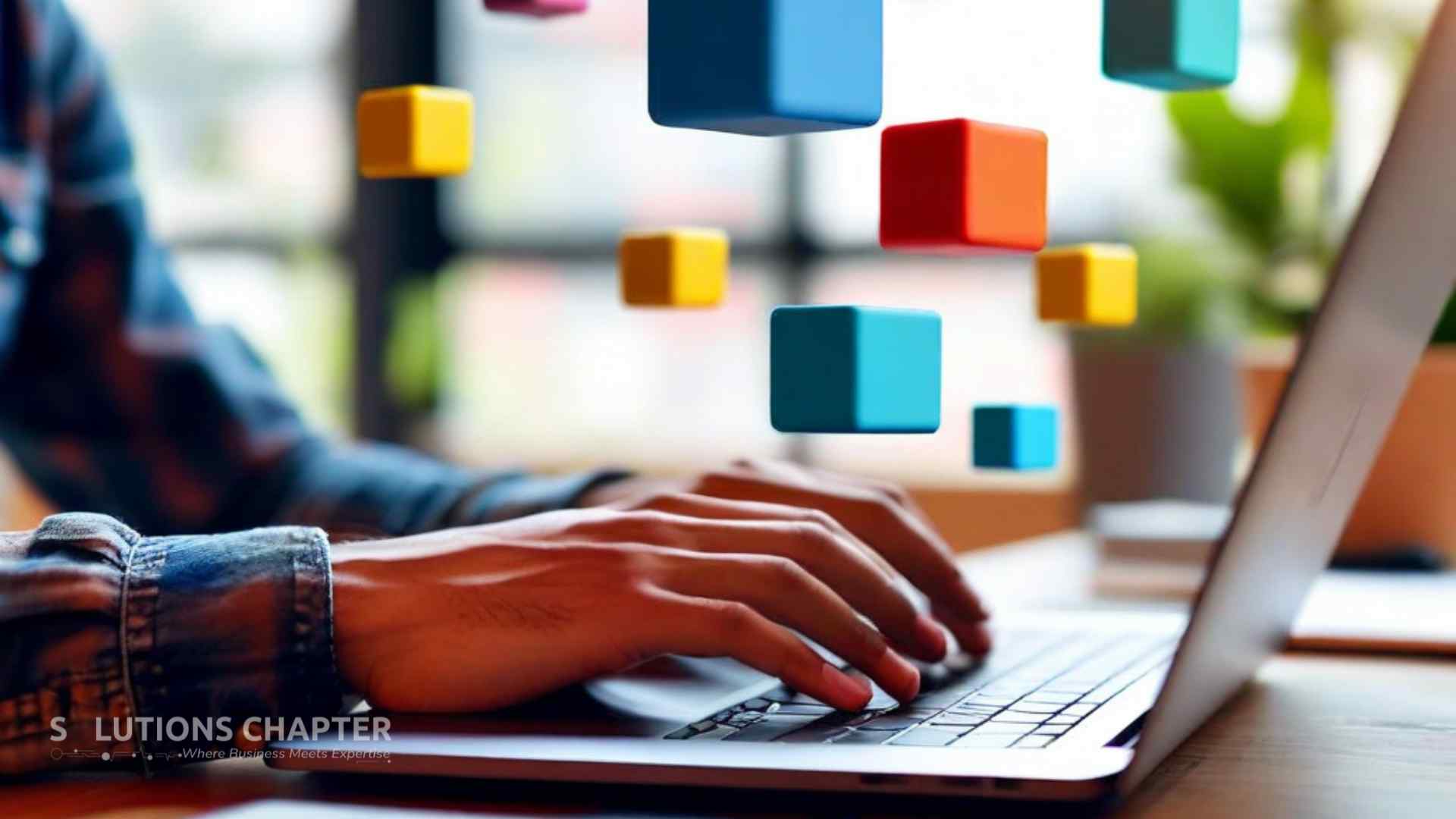A person at a laptop easily snapping together glowing 3D blocks representing AI tools, symbolizing how AI has become accessible to everyone.