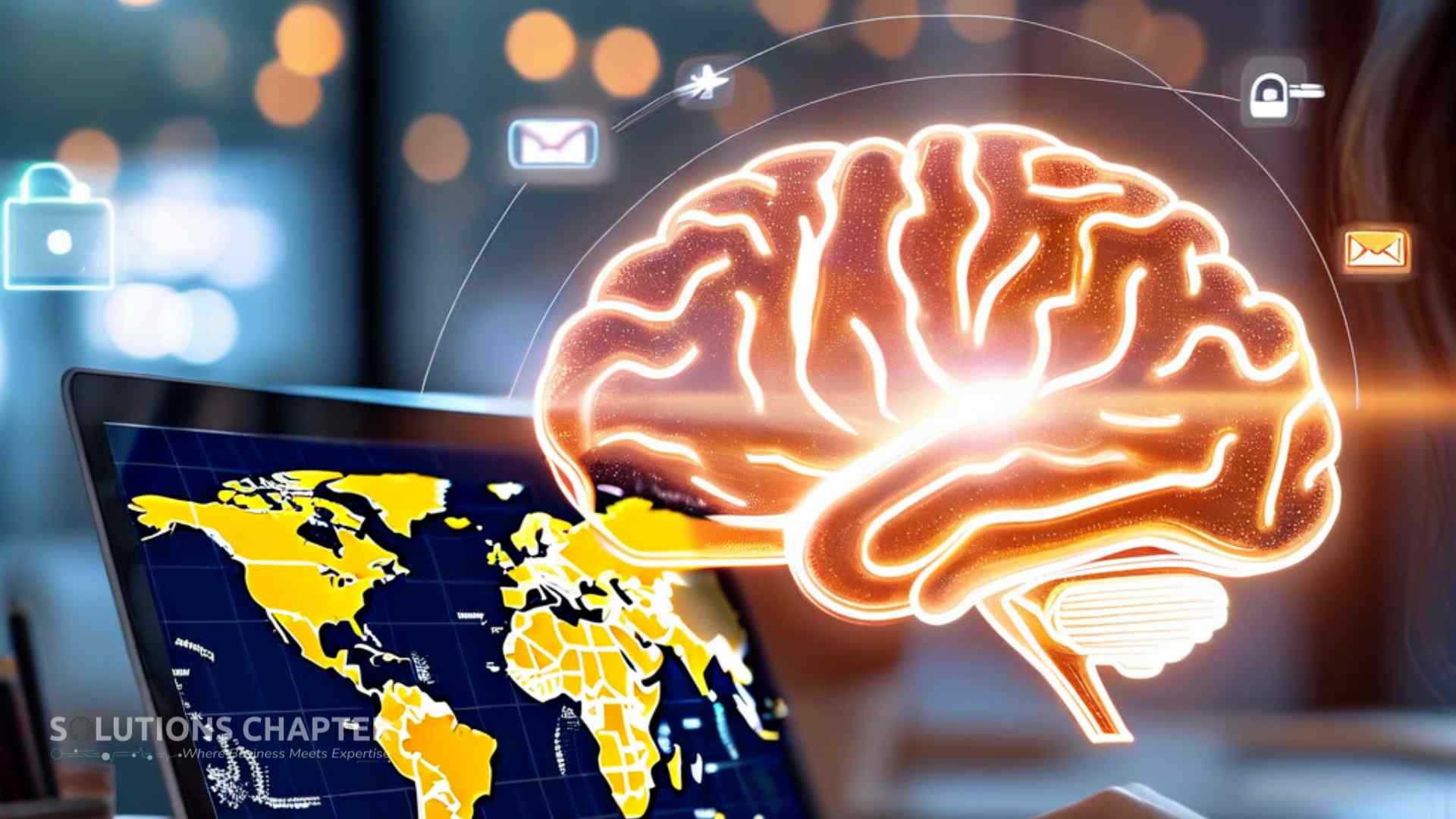 A laptop connected to a glowing digital brain solving a travel query, representing Google’s AI handling precision tasks.