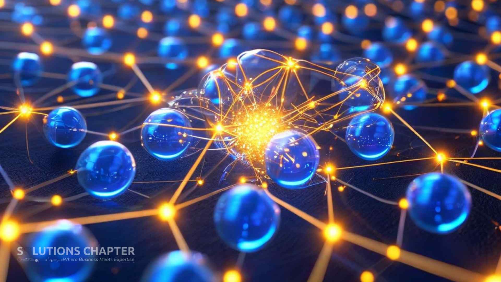 A digital visualization of a nervous system where translucent blue spheres send golden energy pulses to a central glowing geometric brain, representing the synergy between serverless functions and AWS Bedrock AI.