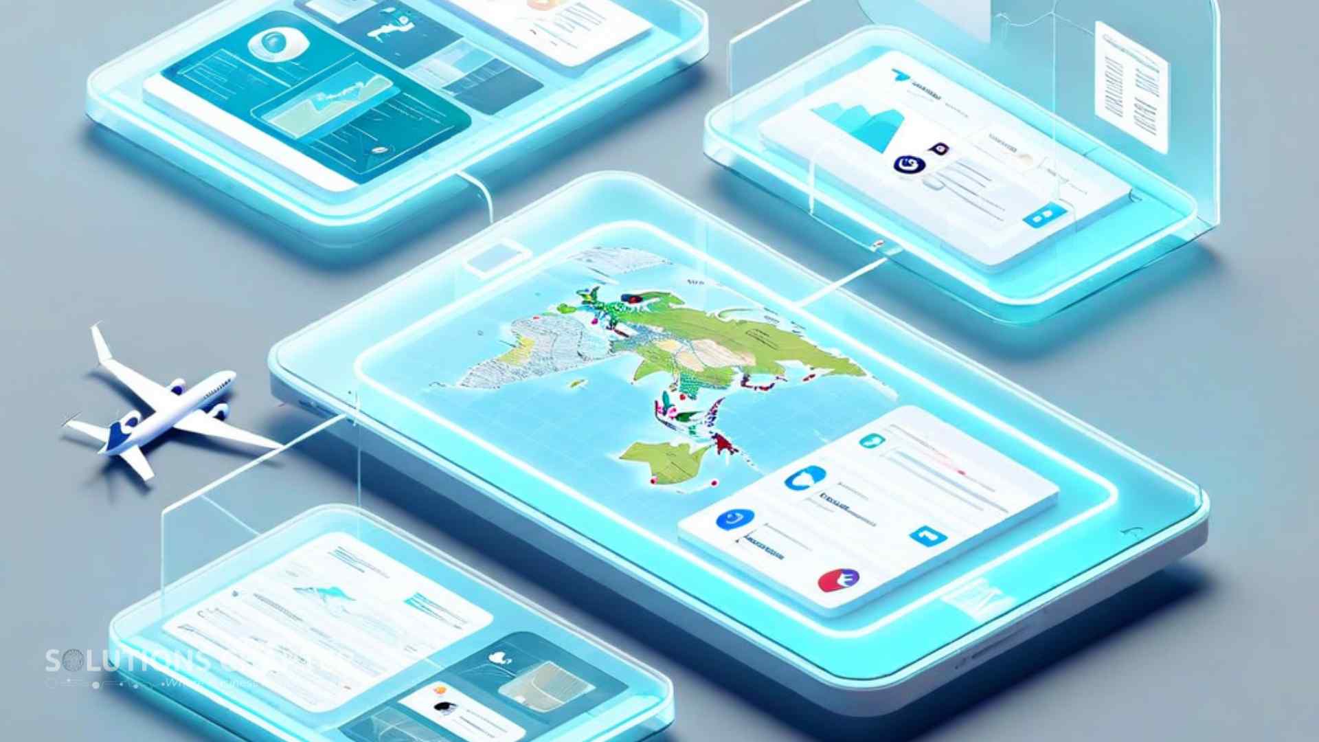 An isometric 3D render of four floating glass tablets representing travel, social media, and document processing applications, interconnected by glowing blue light trails to show a modular serverless architecture.