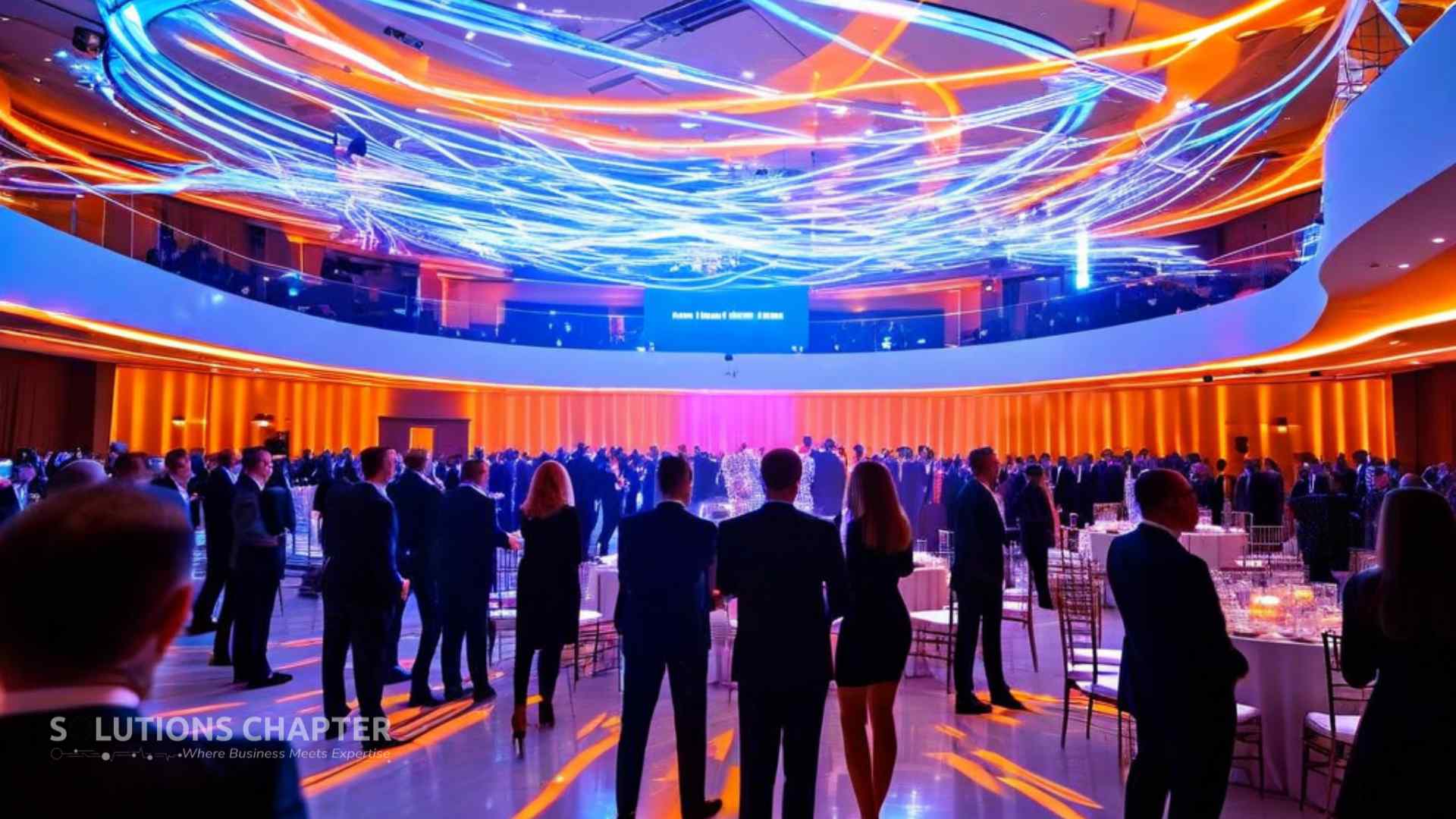 A high-energy scene of a tech conference in a modern ballroom with glowing digital connections above a diverse crowd of professionals.