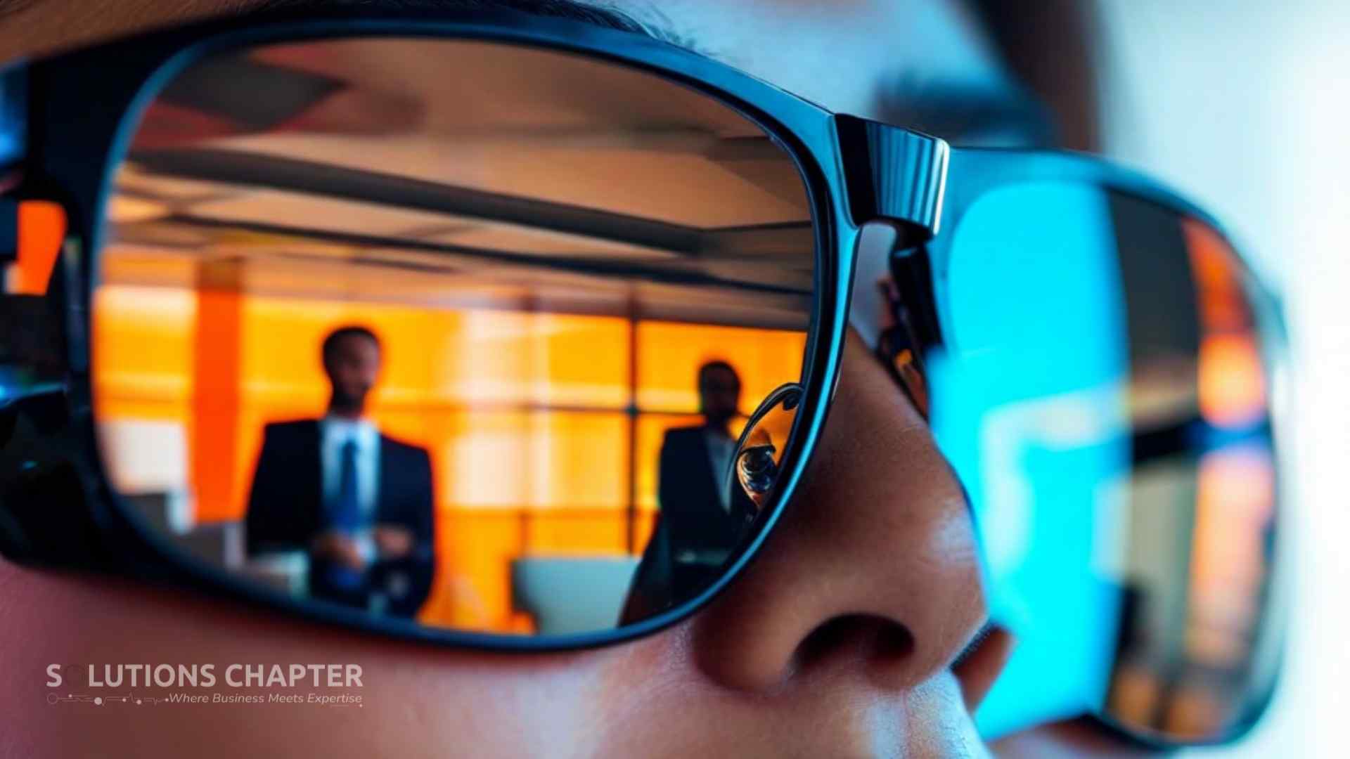 A close-up of a professional wearing glasses that reflect a high-definition AI-generated video, representing the strategic foresight of integrating AWS Nova Reel technology ahead of the market.