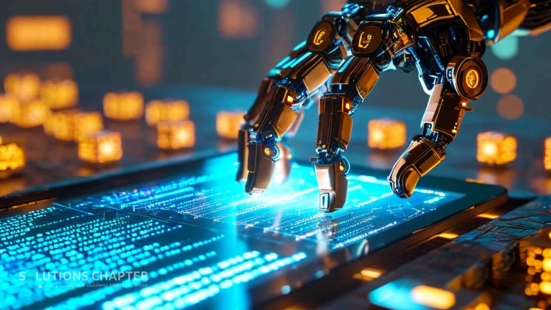 A visual representation of Agentic AI showing a traditional chatbot terminal on the left transforming into a glowing digital robotic arm that manipulates data cubes on the right, symbolizing AI moving from conversation to action.
