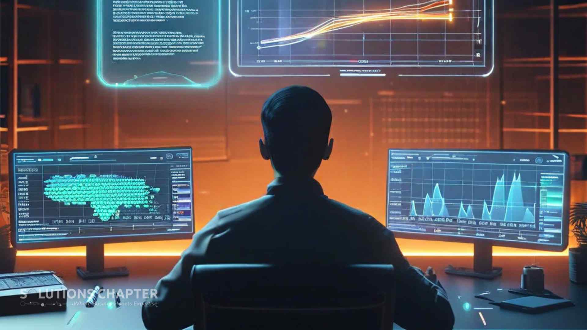 A professional managing three holographic screens showing creative, predictive, and video AI tools in action.