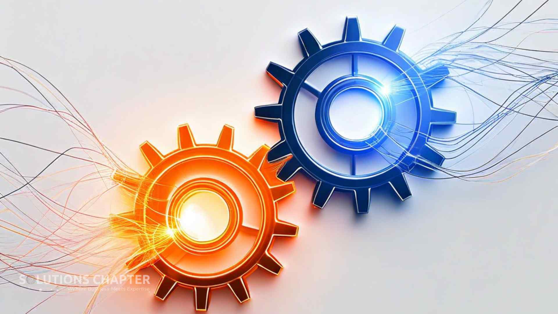 Two interlocking glowing gears in orange and blue, representing the combined power of US strategy and Philippine technical excellence.